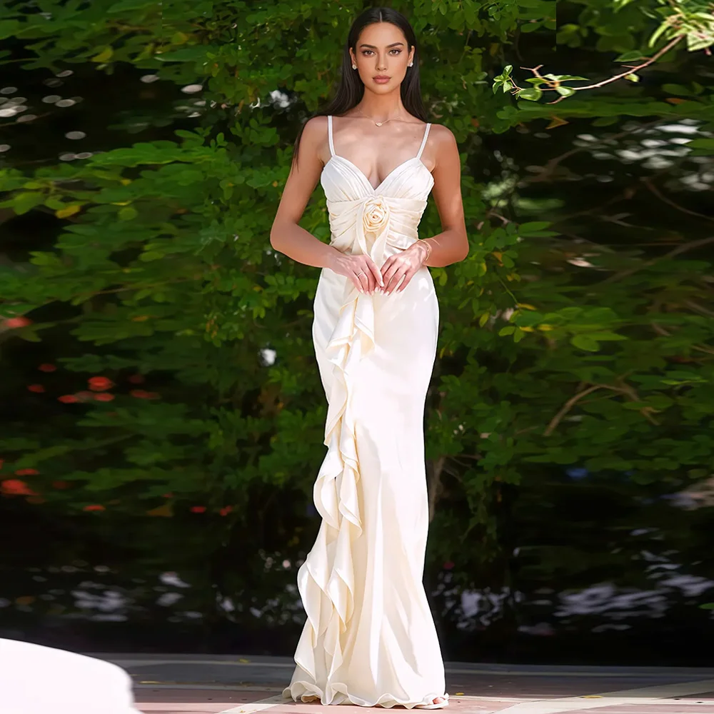 

Spaghetti Straps Sleeveless Evening Dress Customized Classic Mermaid Flowers Celebrity Gowns Delicate Sweep Train Party Dress