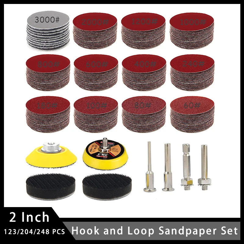 

2-дюймовая наждачная бумага на липучке 123/204/248 шт. в ассортименте 60-3000 с шлифовальной подушечкой для шлифовки и полировки металла, дерева, автомобиля