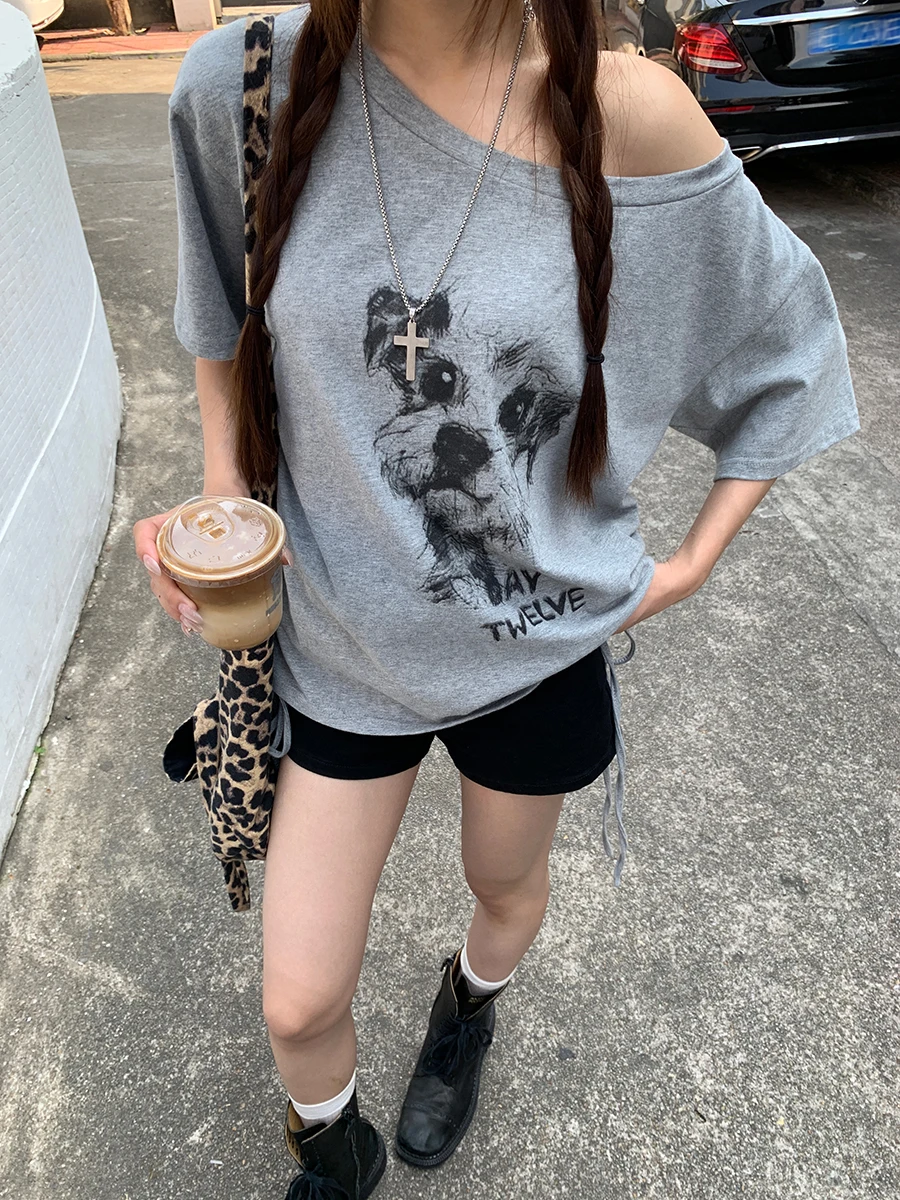 تي شيرت نسائي فضفاض بأكمام قصيرة، تصميم صيفي جديد على الطراز الكوري، إحساس فضفاض ومريح، كاشف للكتفين #2