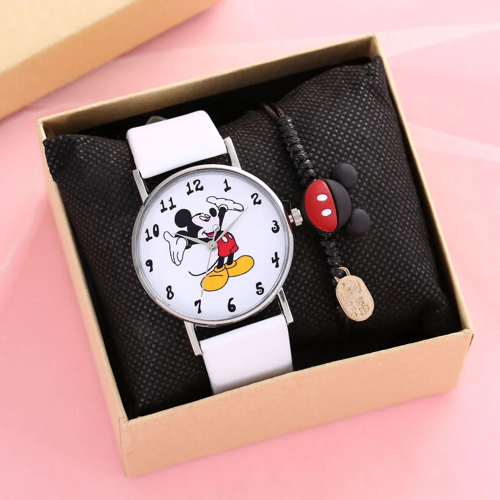 Disney Womens Kids Watches Bracelet Set with Box Fashion Mickey Mouse Cartoon Watch Women Children Bracelets Wristwatch Gift Box