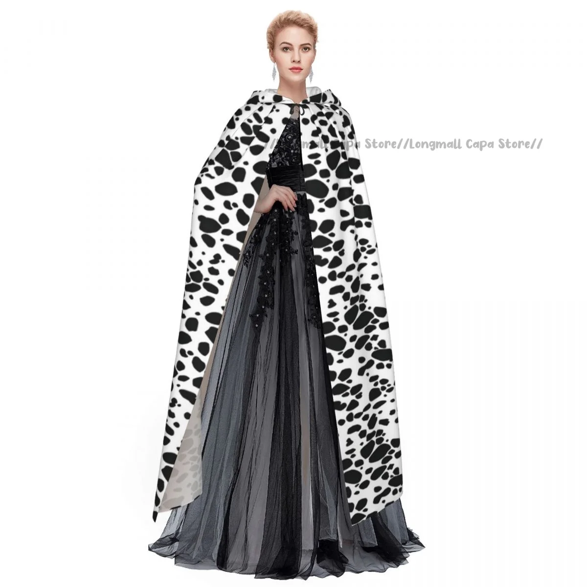 Adult Vampire Cape Hooded Robe Dalmatian Dog Print Halloween Cloak Full Length Cosplay