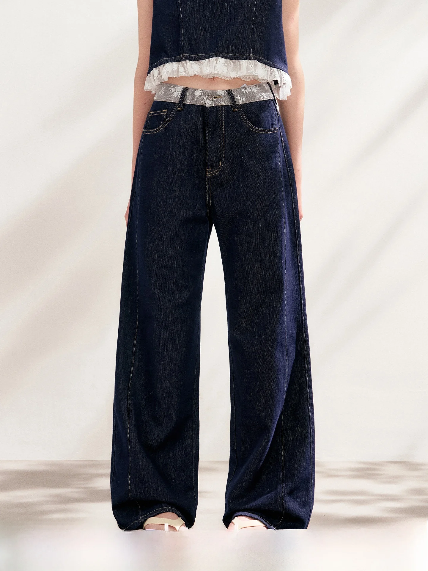 

Удобные хлопковые джинсы прямого кроя глубокого синего цвета с кружевными вставками на талии, повседневные широкие брюки с высокой талией для женщин