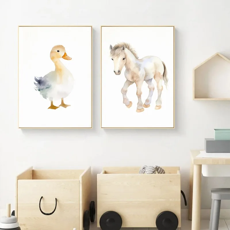 Watercolor Farm Animals Baby Horse Ducks Sheep Posters and Prints Canvas Printing Wall Art Picture for Kids Room Nursery Decor view 2