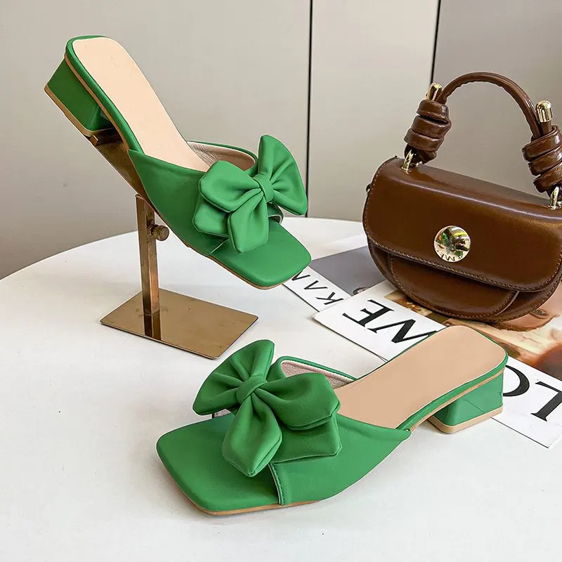 2024 Summer Square Heels pantofole donna muli Green Butterfly-knot Slides sandalo scarpe donna Plus Big Size 45