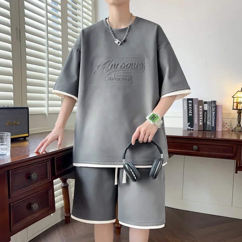 

Men's Summer Casual Sport Set - Letter Embossed Short Sleeve and Shorts for Daily Wear and Outdoor Activities