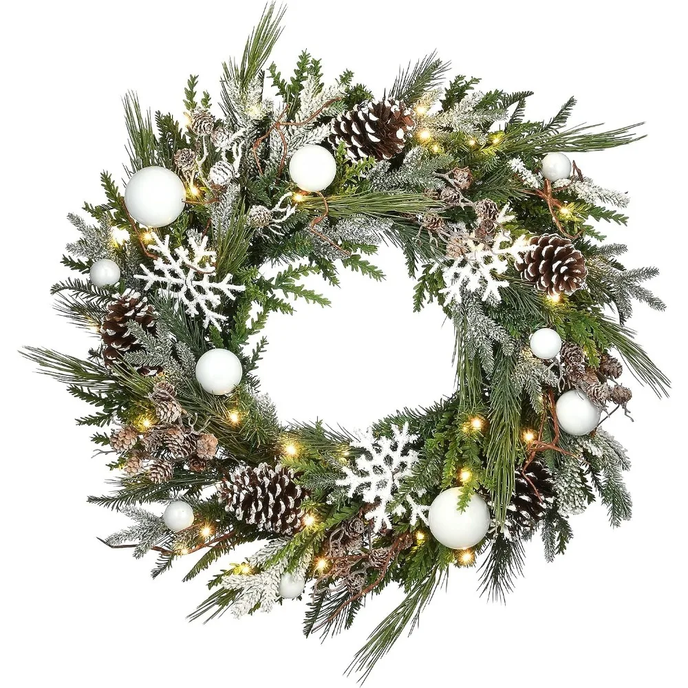 Artificial Christmas Wreath, Alpine Collection Decorated, with Warm White LED Lights, Battery Powered, 30 in