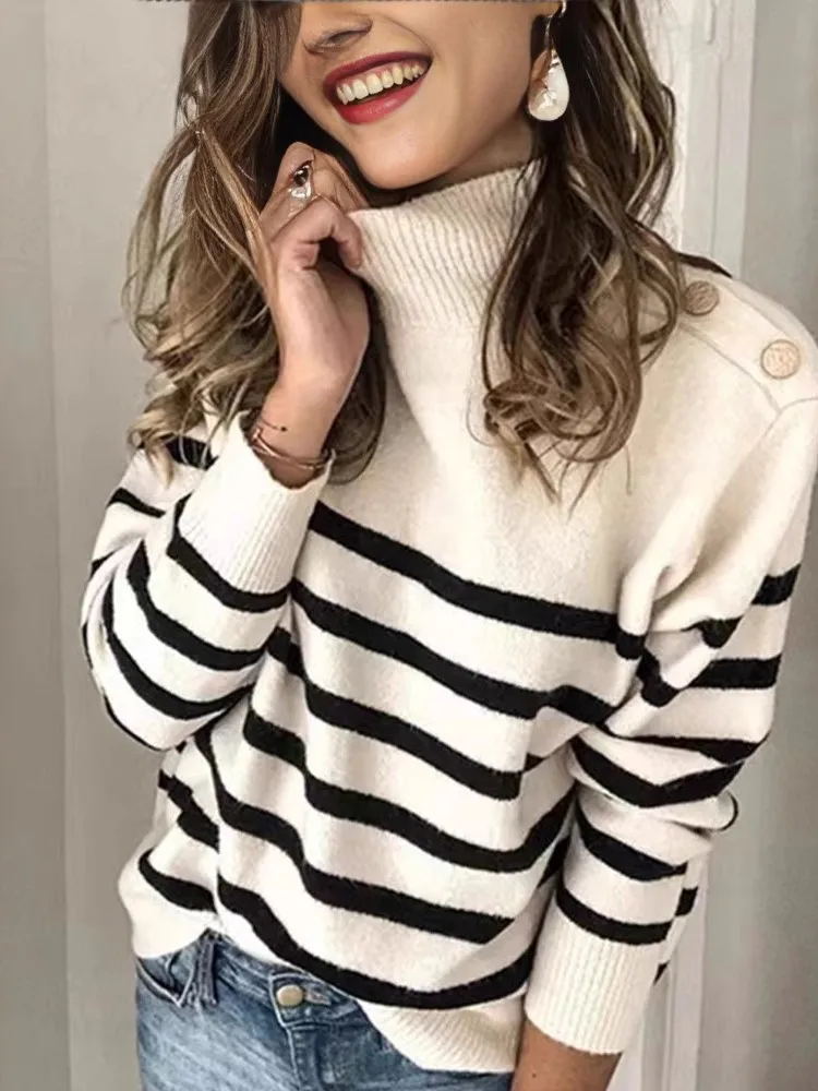 

Женская одежда, женские вязаные свитера, пуловер с высоким воротом, бретели, полосатый свитер на пуговицах, универсальный простой стиль
