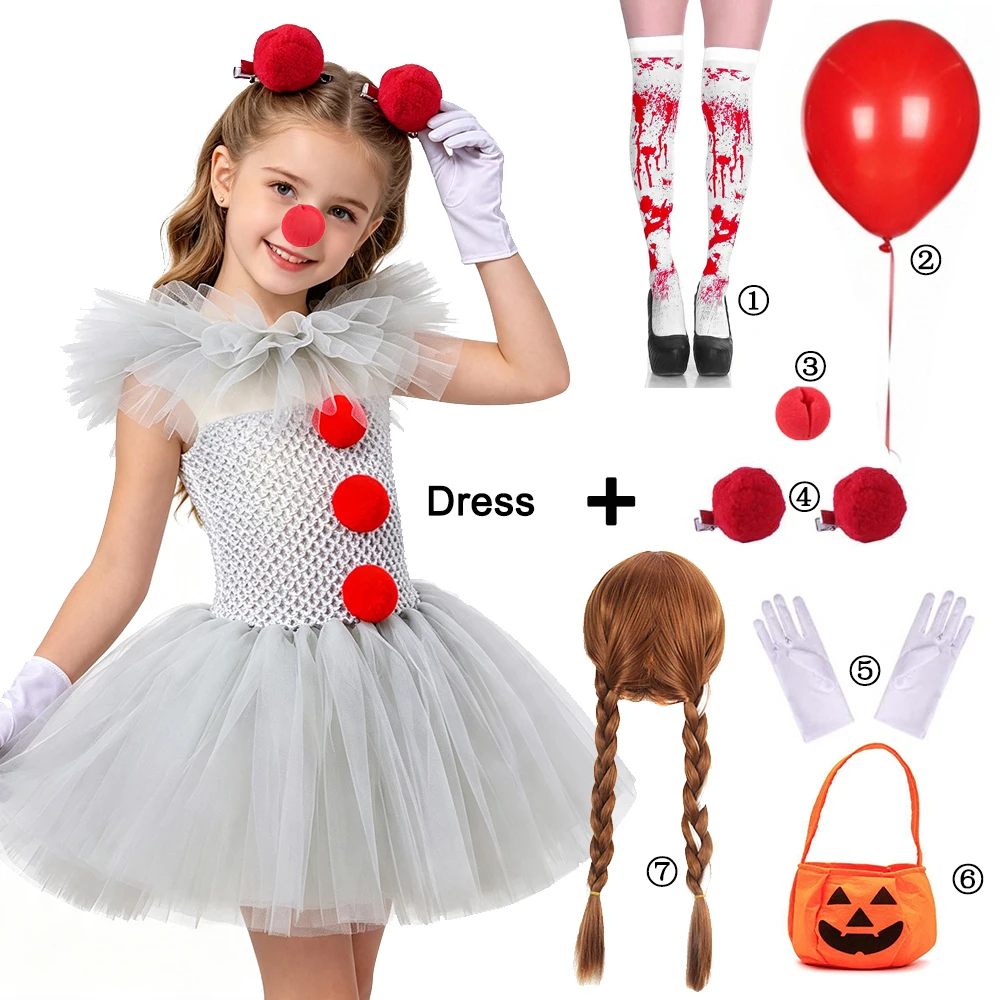 Girls Clown Halloween Costume Grey Tulle Tutu Dress with Red Pom Pom Hair Clips White Gloves Kids Carnival Cosplay Outfit