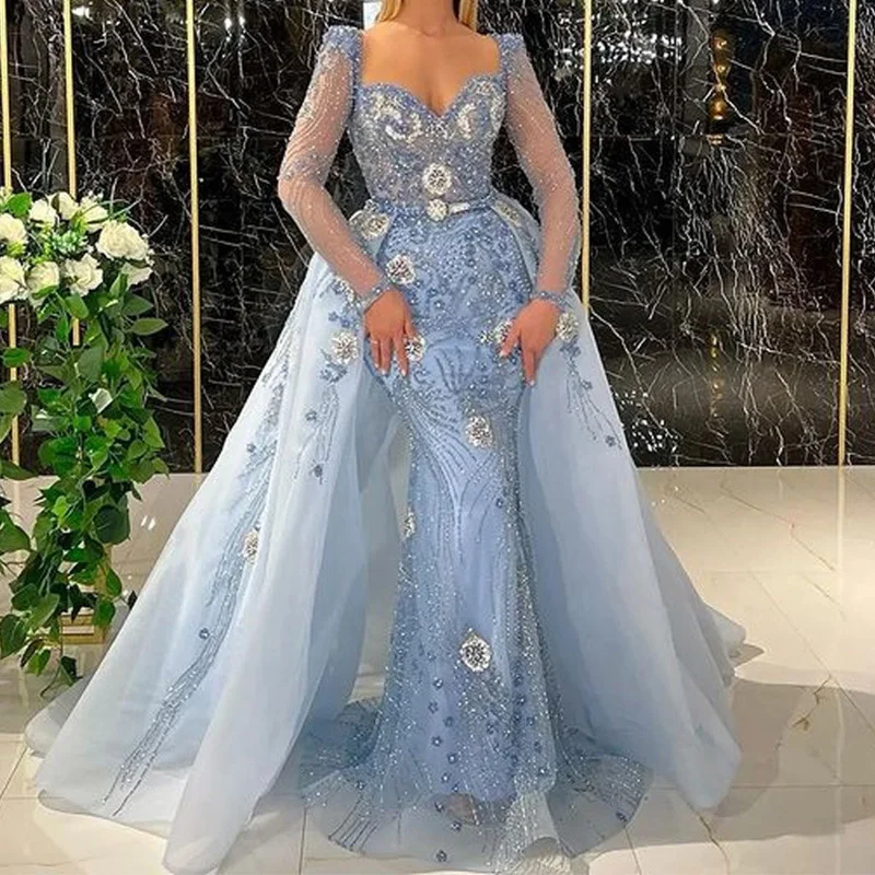 

Sparkling Mermaid Prom Dress Long Sleeve Sweetheart Beaded Ruffle Edge Evening Dress Tulle Detachable Train Formal Party Dress