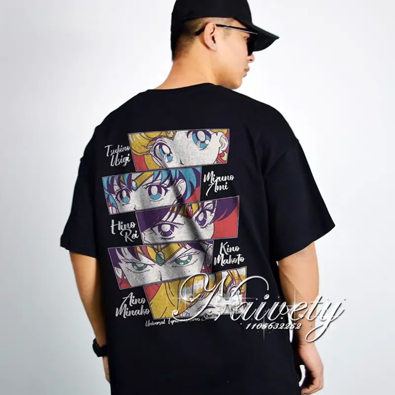 2026 Sommer Hot Sale Sailor Moon Squad Print Baumwoll-T-Shirt für Paare & Familie Y2K Übergröße Lockerer Streetwear-Stil, Cooles Anime Manga Tee