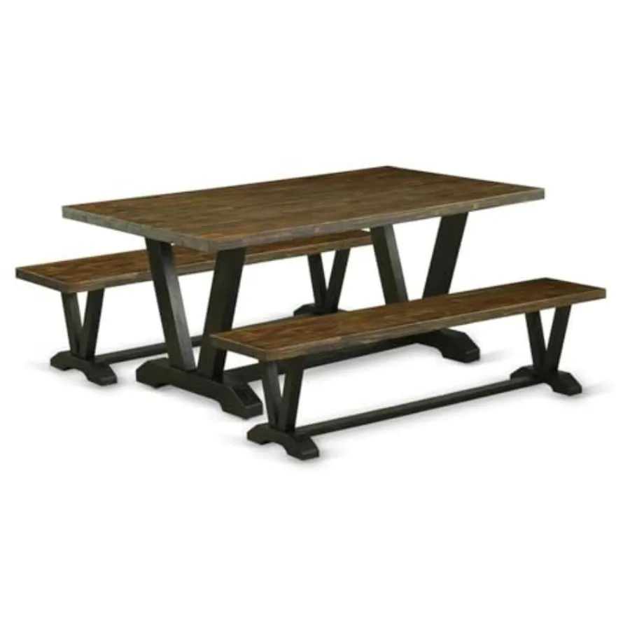 

V2-677 3 Piece Dining Set Contains a Rectangle Dining Room Table with V-Legs and 2 Kitchen Table Bench, 40x72 Inch, Multi-Color