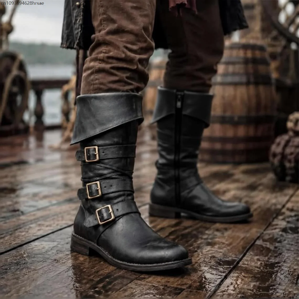 Men Vintage Pirate Shoes PU Leather Triple Buckle Knight Punk Boots Side Zipper Medieval Renaissance Cosplay Costume Footwears