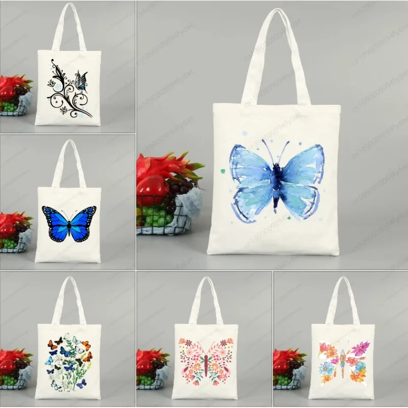 

Цвет, синие сумки с бабочкой, холщовая большая сумка с принтом, многоразовая дорожная повседневная сумка для покупок, сумки для украшения дома