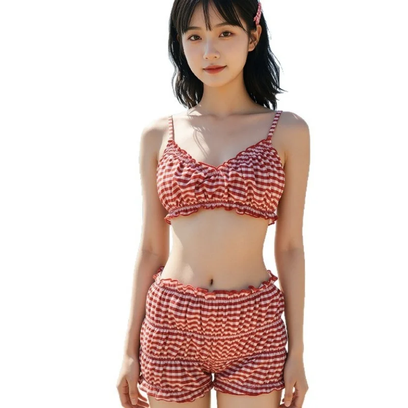 

New Arrival Korean Style White Red Checkered Pattern Split Type Women's Swimsuit for Beach Vacation Swimwear Set M/L/Xl