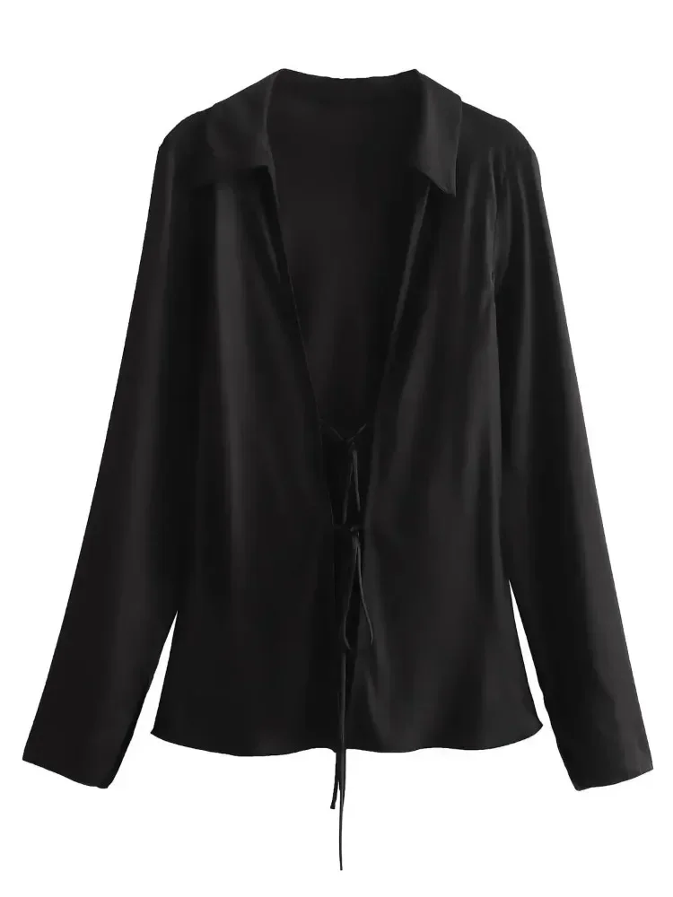 

Korean Style Women's Satin Fabric Shirt Fashion Leisure Lace Up Loose Fit Sleeve Versatile Street Fashion Top for Casual Wear