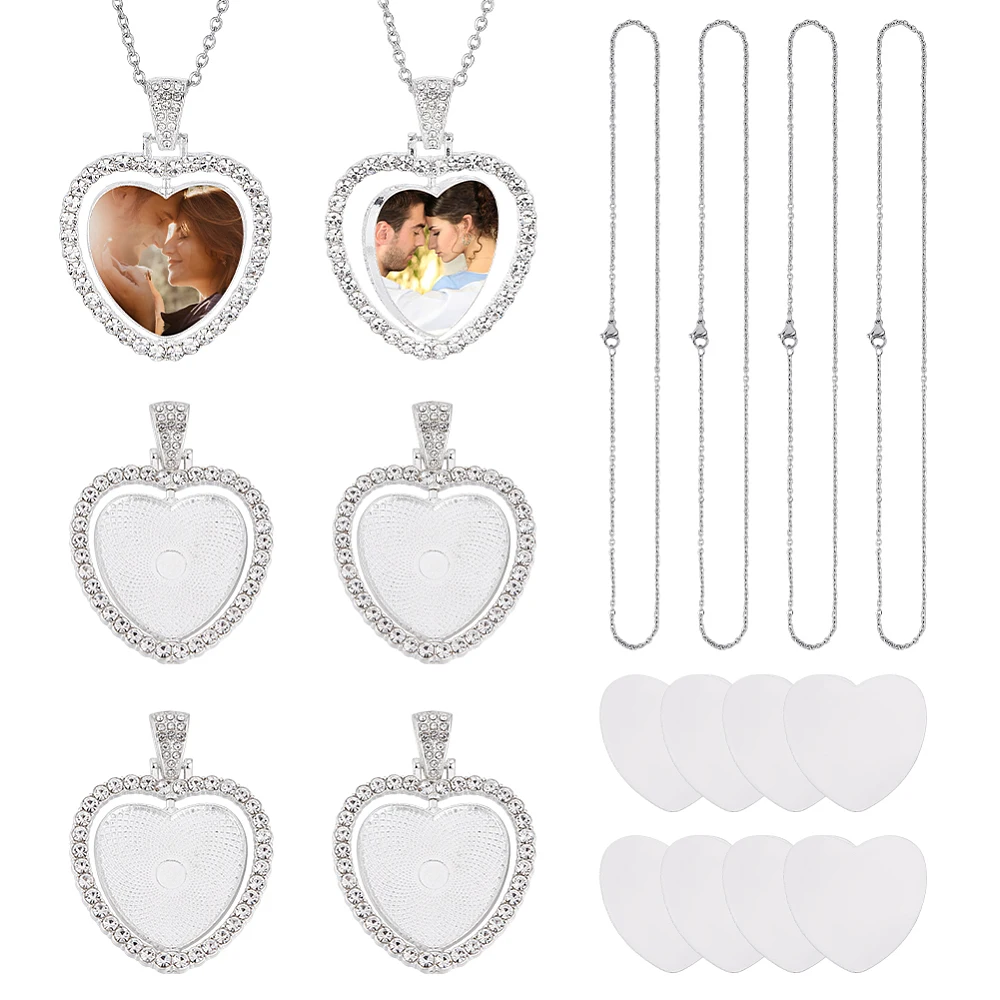 4Pcs 304 Stainless Steel Women Chain Necklaces Aluminium Blanks Hang Tag Pendant 17.72 inch(45cm) Metal Blank Rhinestone Bezel