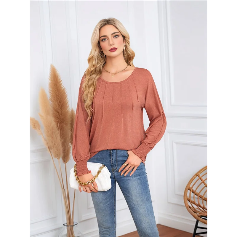 

AOAO-Long Sleeve Shirts Womens Pleated Business Casual Blouses With Smocked Cuffs