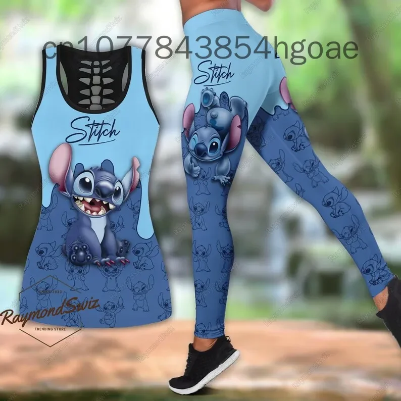 2024 Disney Stitch Women\'s Book Hollow Tank Top+Women\'s Leggings Yoga Wear Fitness Leggings Sports Suit Tank Top Leggings