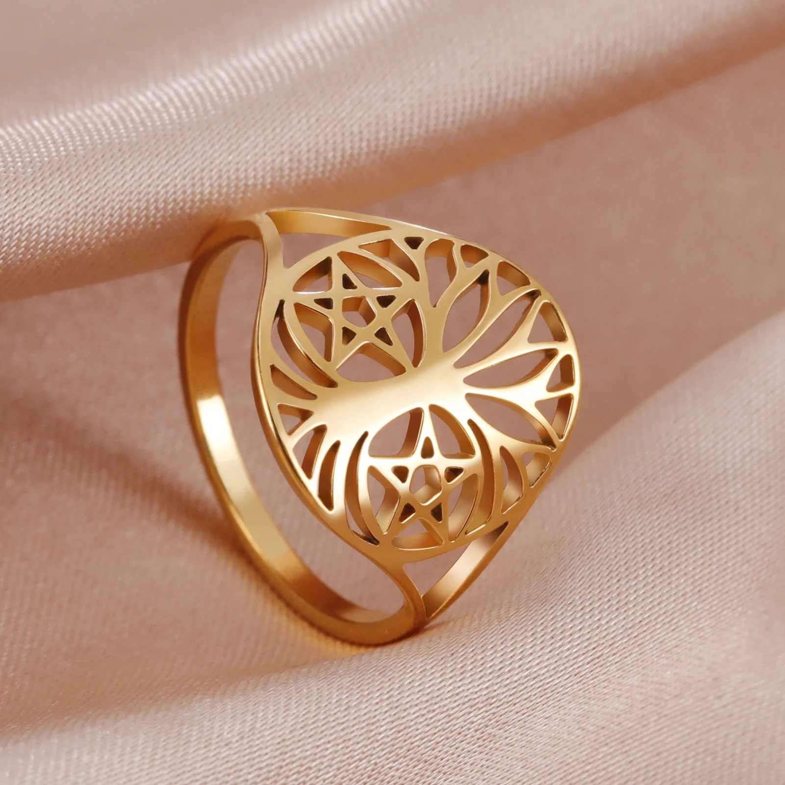 Dreamtimes Wicca Pentagram Tree of Life Finger Ring Geometric Pentacle Stainless Steel Vintage Ethnic Amulet Jewelry For Women
