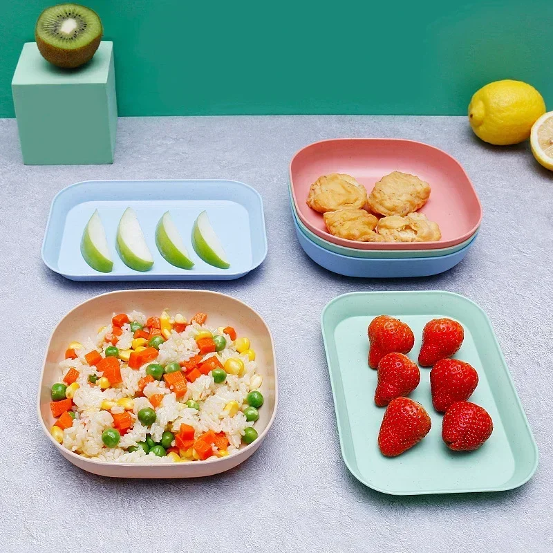 4 Pieces Storage Tray Set Eco-friendly Wheat Straw Rectangular Snack Plate Square Fruit Bowl Breakfast Bread Tray Home Kitchen