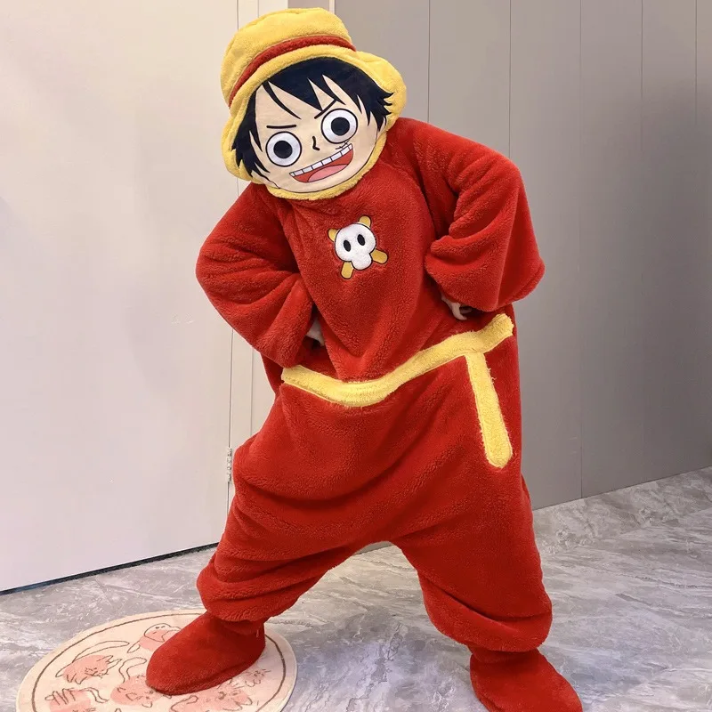 

Аниме One Piece Luffy, осенне-зимняя коралловая бархатная пижама в одном стиле, цельная пижама с мультяшным капюшоном, 2D, забавная домашняя одежда, подарок