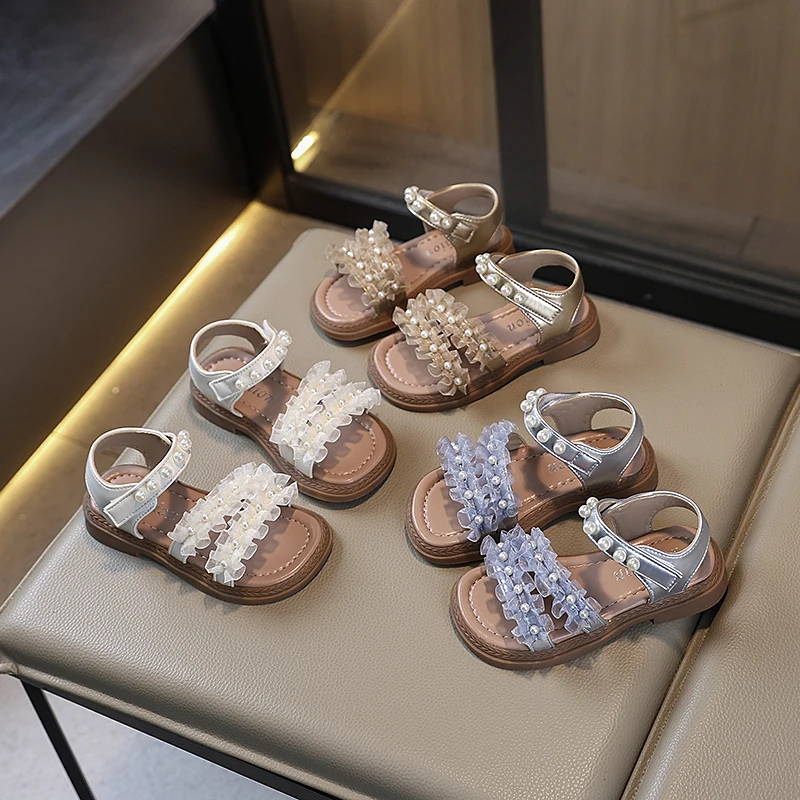 

Girl Sandals Summer New Children Princess Causal Dress Sandals Fashion Open-toe Lace Beading Kids Flat Sandals for Wedding Party