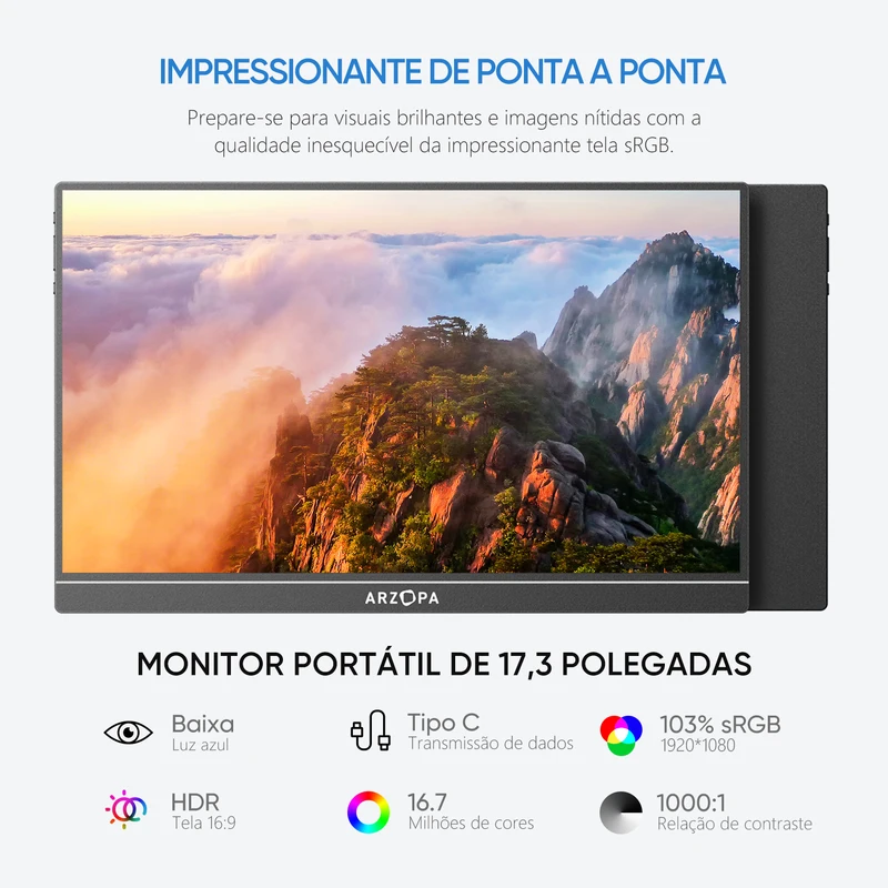 Monitor Portátil Arzopa 17,3 polegadas 1080P FHD IPS 100% sRGB de Metal — foto 2