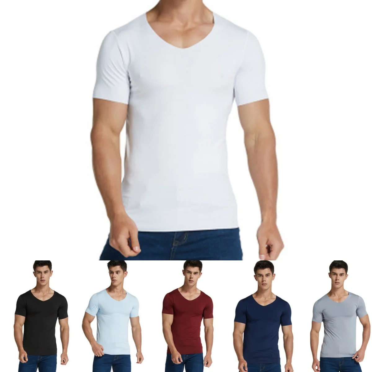 6Pcs Men's Casual Fashionable V-neck Solid Color Ice Silk Mens Short Sleeved T-shirt Fitness Sports Summer Quick Dry Shirt Tops