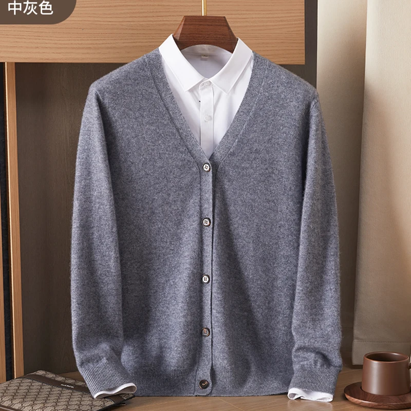 เสื้อคาร์ดิแกนแคชเมียร์คอวีผู้ชายสีแดงหนาสีทึบเสื้อกันหนาวถักเสื้อลําลองเสื้อขนสัตว์ธุรกิจ