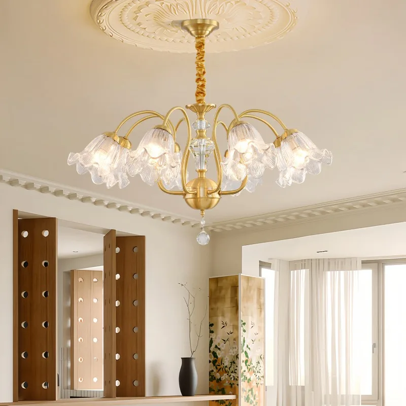 

American Luxury All Copper Chandeliers Flower Shape Glass Hanging Lamps Living Room Restaurant Bedroom Hotel LED Pendant Lights