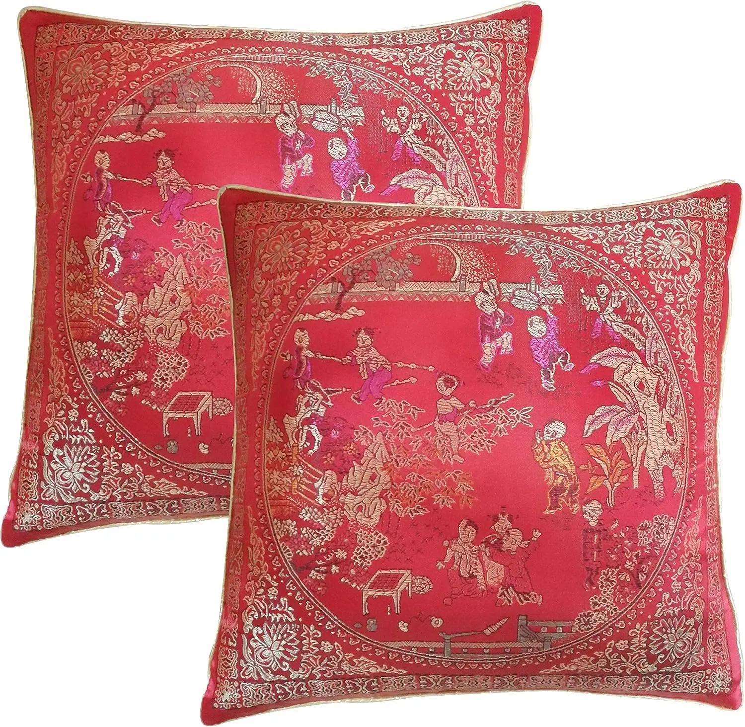 A Pair of 16-Inch Pillowcases Red Oriental Chinese Silky Decorative Manmade Silk Cushion Cover Sofa Throw Pillow Case