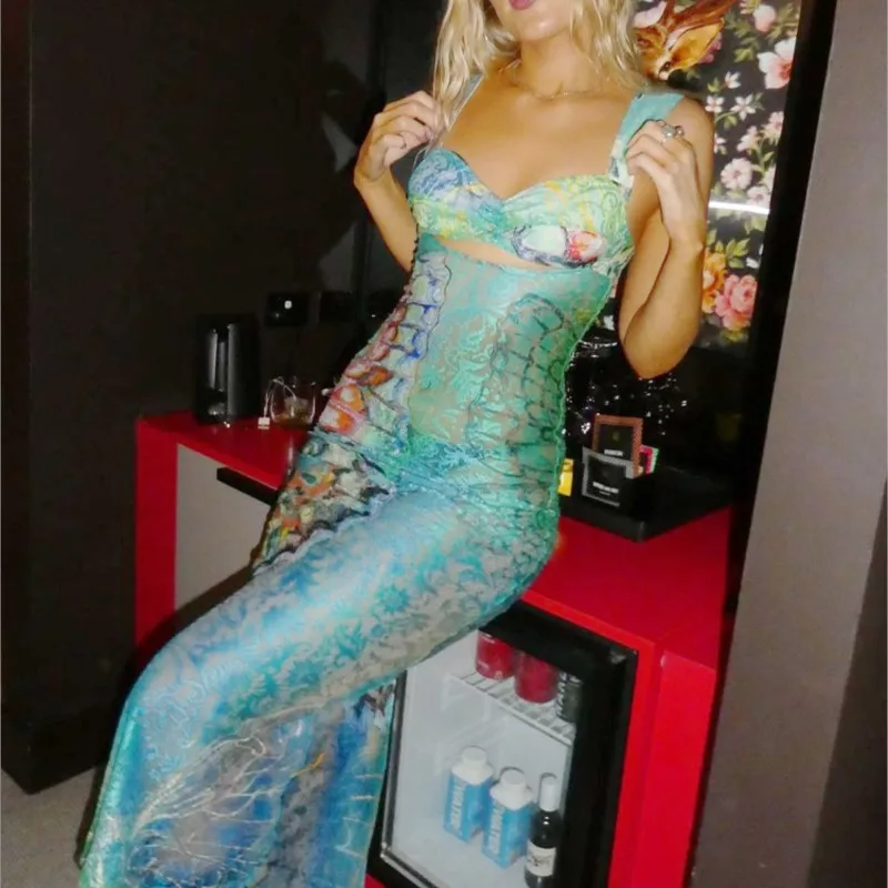 Neues, modisches, bunt bedrucktes Schmetterlingskleid y2K, durchsichtiges, hohles, ärmelloses, langes, rückenfreies, einteiliges Geburtstagsparty-Tanktop