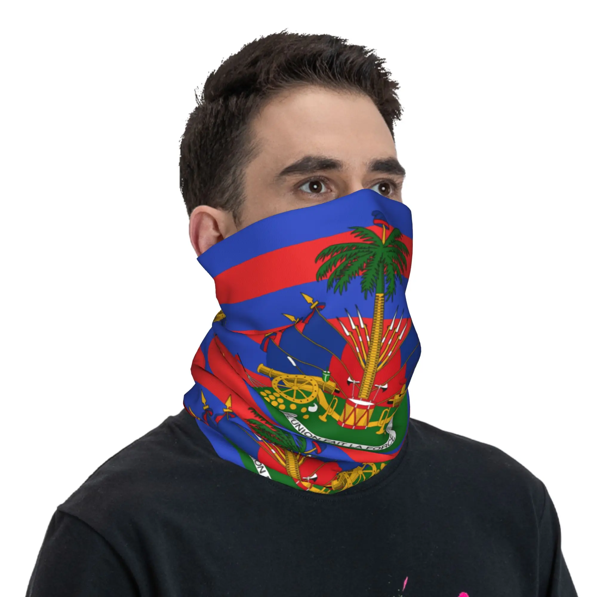 Custom The National Emblem of Haiti Bandana Neck Warmer Women Men Winter Ski Tube Scarf Gaiter Patriotic Face Cover view 5