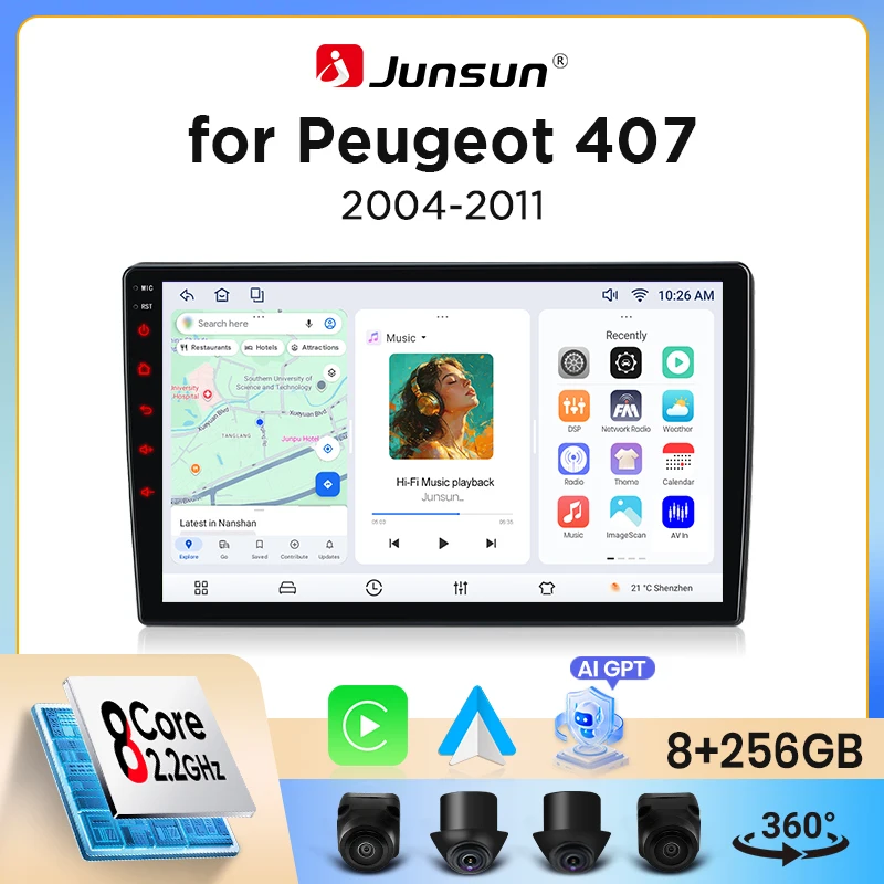 Autoradio Junsun sans fil CarPlay Android Auto pour Peugeot 407 (Berline/SW/Coupé) 2004-2011 avec ventilateur de refroidissement intégré, navigation GPS Android, lecteur multimédia, WiFi, DSP, RDS,