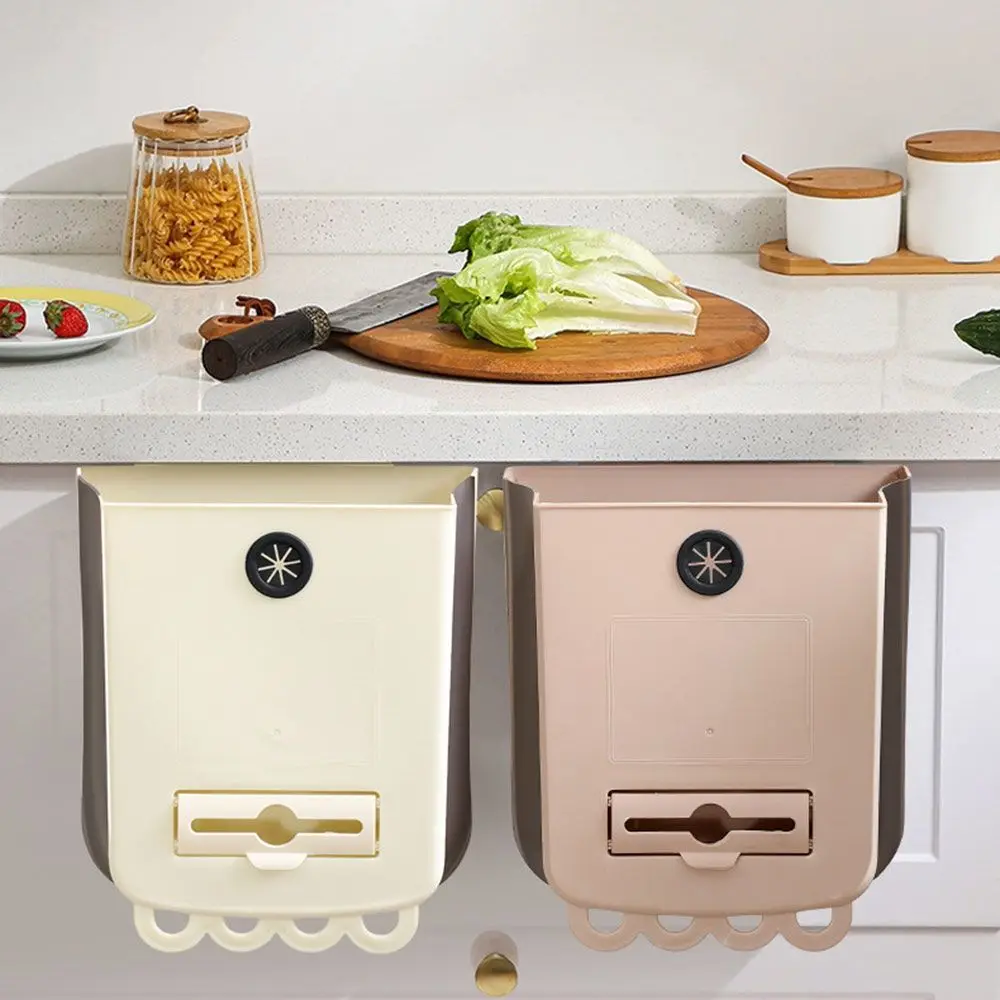 New Foldable Hanging Trash Can Plastic Hanging Storage Collapsible Waste Bin Wide Opening Kitchen Compost Bin Cabinet Door