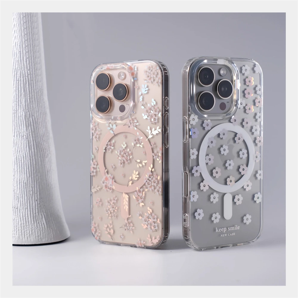 Laser Aurora Blumenmuster Transparente Handyhülle für iPhone 18 17 16 Pro Max 15 14 mit MagSafe Kabelloser Ladefunktion Klare Abdeckung – Detail 1