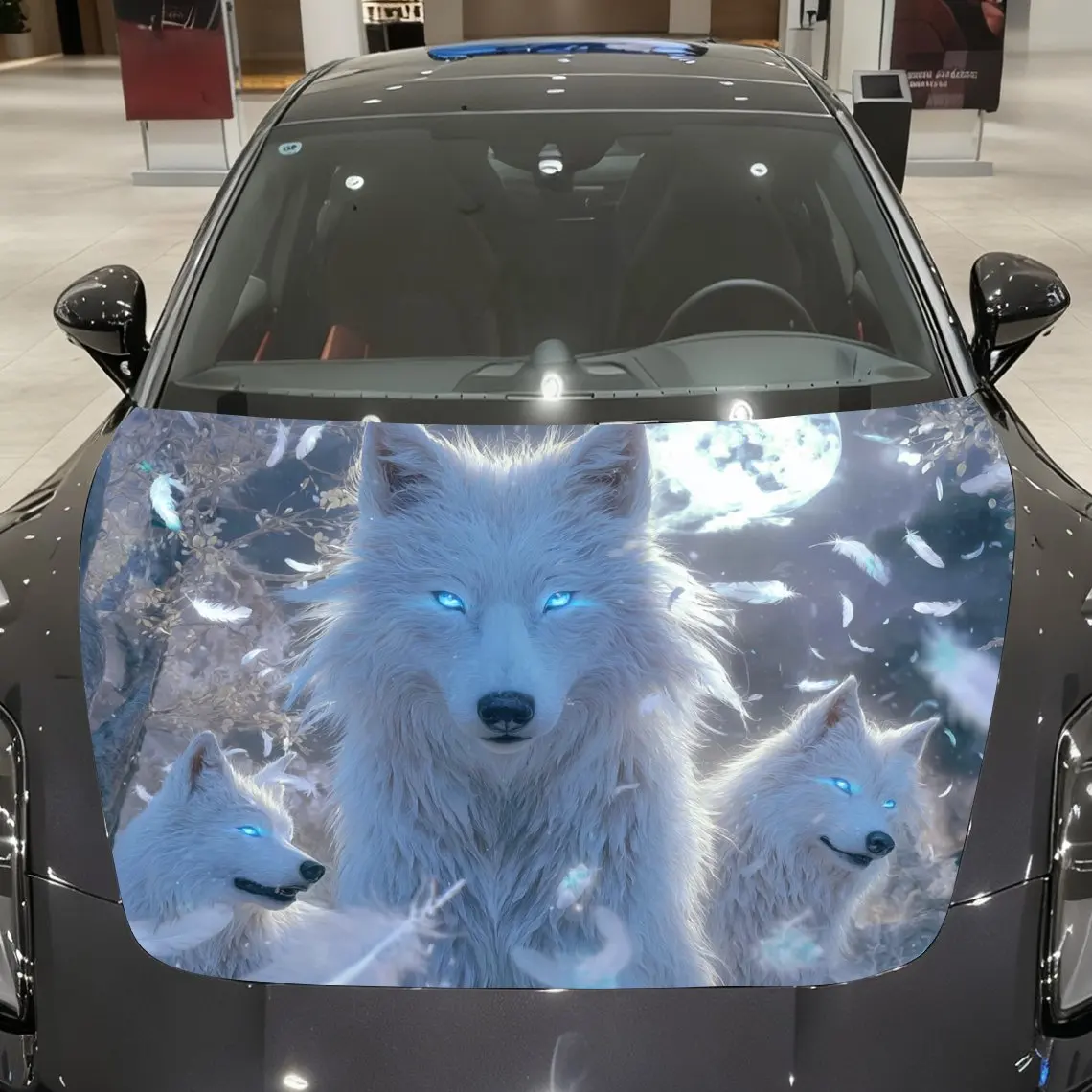 

Night Moon Blue Eyes White Wolf Car Hood Wrapped In Colorful Vinyl Stickers, Suitable For Trucks, Decorative Hood Graphics, And