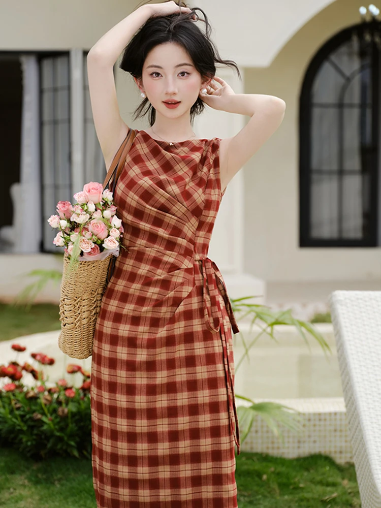 Summer Plaid Chic Bow Bandage Bodycon Long Dress Women Elegant Casual Slash Neck Dress 2026 Korean Fashion Luxury Evening Dress