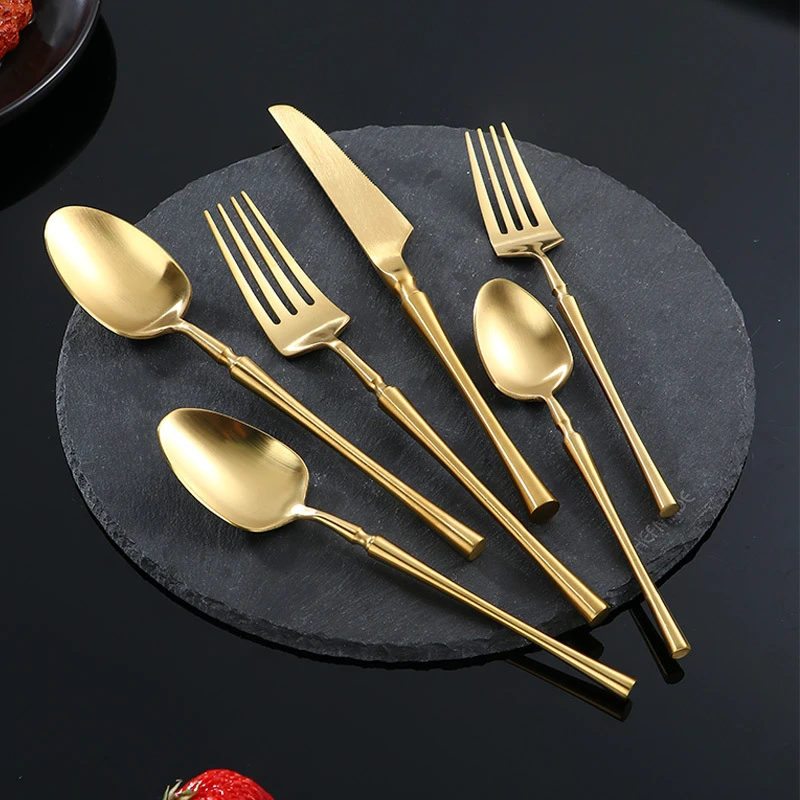 Golden Western Cutlery Set 304 Stainless Steel Mirror Spoon Steak Knife Fork Chopsticks Dinnerware Kitchen Tableware Utensil