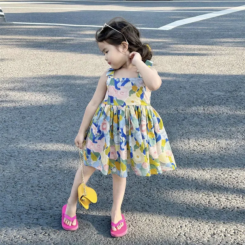 Girls' Elastic Floral Dress Princess Dress2025Summer New Foreign Trade Children's Wear Delivery3-8Years Old