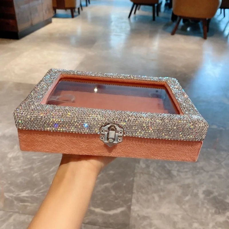 Luxury Women Jewelry Storage Box Sparking Rhinestone Earring Case Visible Cover Necklace Boxes Large Capacity Jewelry Container