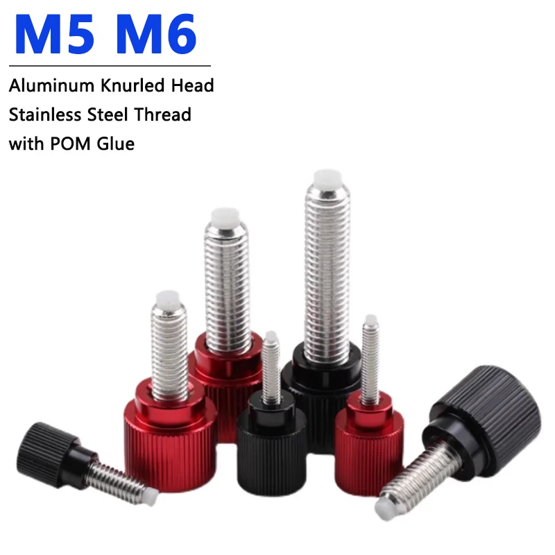 

1pc M5 M6 Aluminum Thumb Screw Aluminum Alloy Knurled Head + Stainless Steel Thread with POM Buffer Glue Hand Tighten Bolt