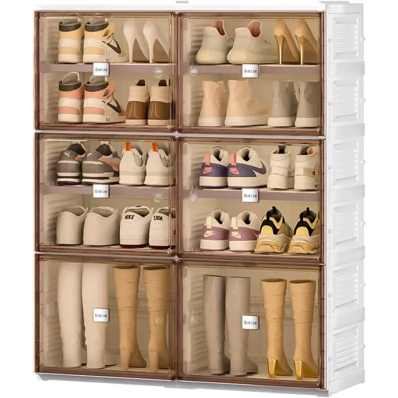 Foldable Shoe Rack Organizer for Closet Entryway, Stackable Boot and Shoe Boxes, Portable Shoe Cabinet with Clear Doors,