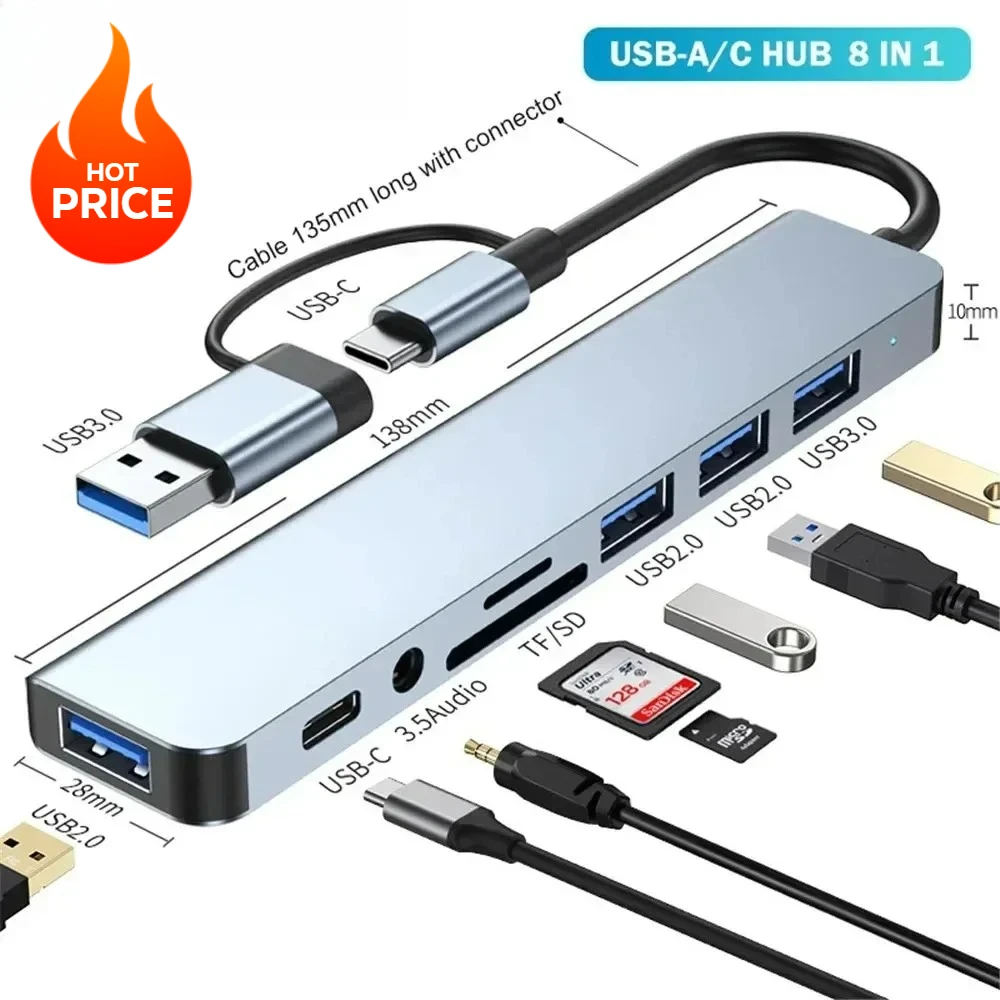 8 In 1 USB C Hub Expander Multiport Adapter Type C Splitter Dock USB 3 Port For Xiaomi Phone Tablet Fast Data Transfer Charging