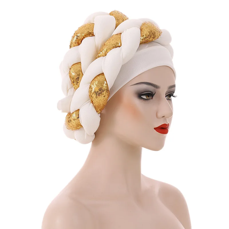 Sequins Braid Turban Cap for Women African Lady Head Wraps