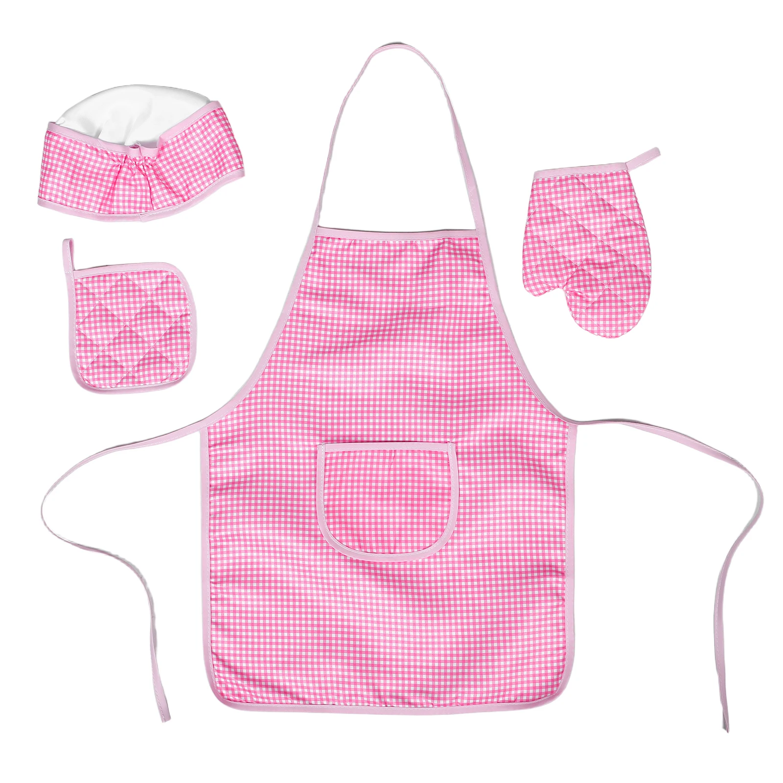 เด็กชุดผ้ากันเปื้อนครัวเด็กเครื่องมือทําอาหารสีชมพู Checkered Pretend Play หมวกเชฟเด็กวัยหัดเดิน Boys Roleplaying ปลอดภัยวัสดุ