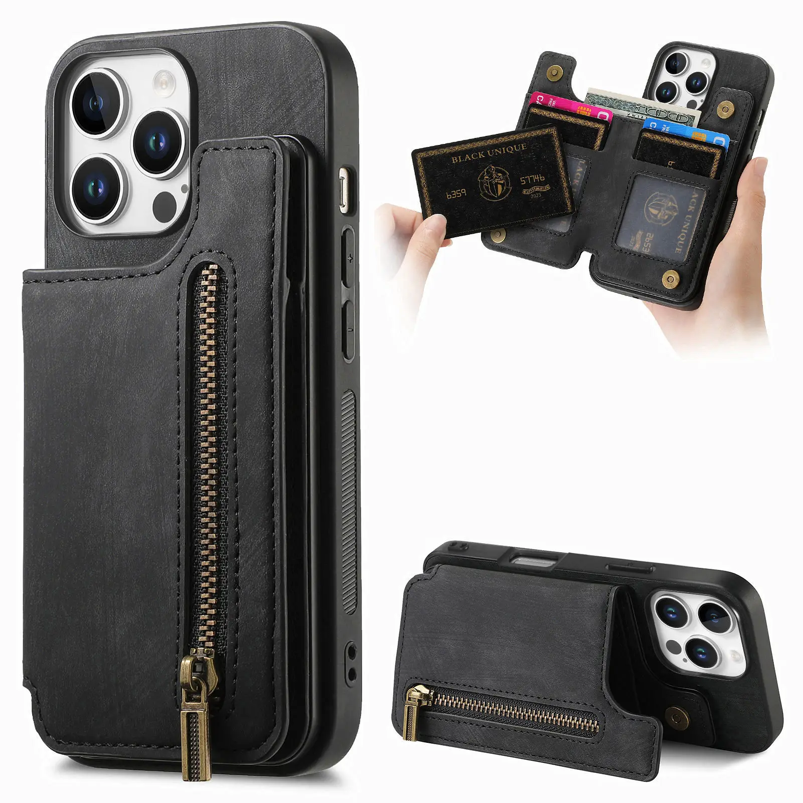 

Zipper Cards Solt Wallet Leather Case for IPhone 17 Air 16 15 13 Pro Max 14 Plus 16Pro I Phone i16 Magnetic Double Buckle Cover