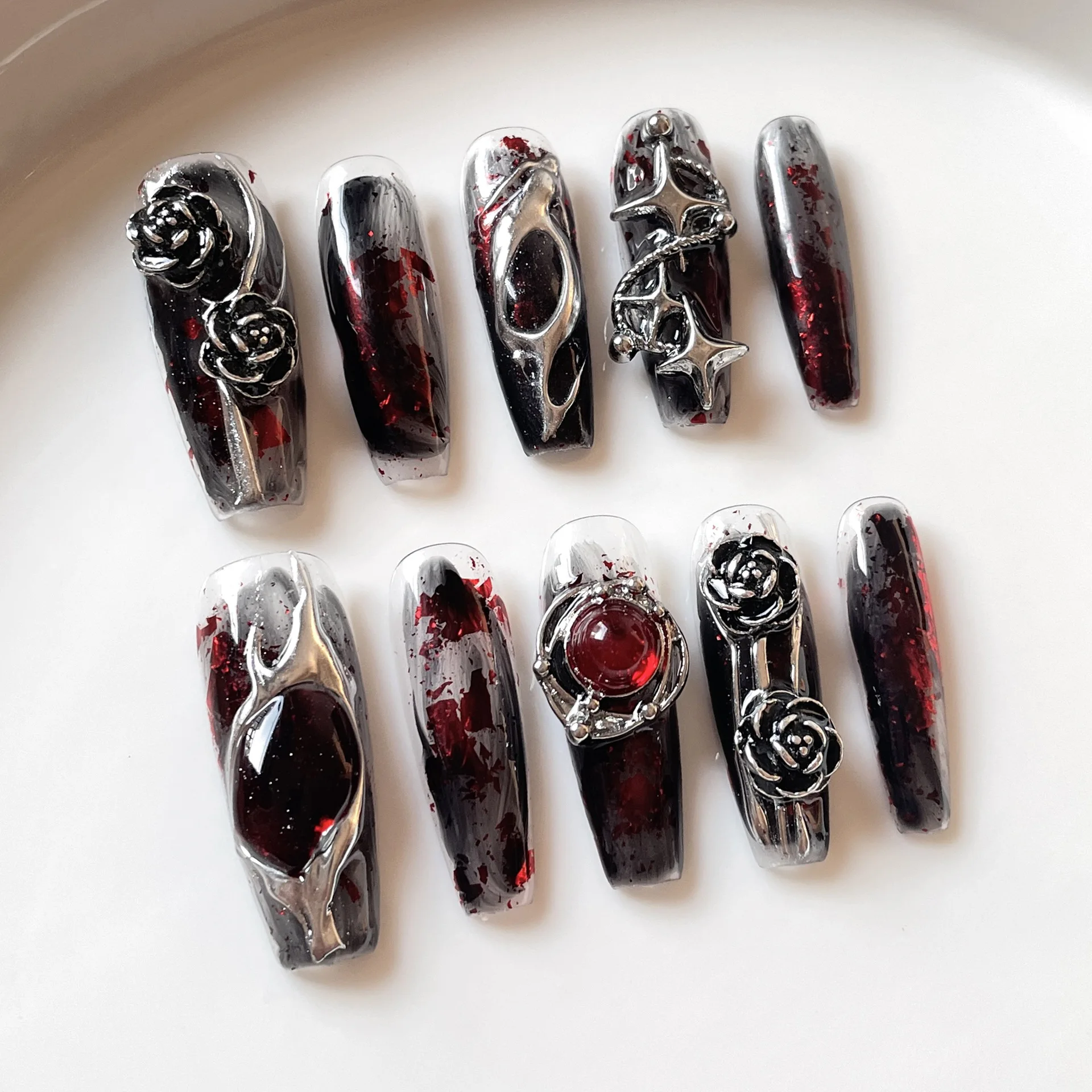 Dark Gothic Press On Nails Red Glitter Metal Rose Design Nails With Metal Rose Gem Multiple Sizes Gothic Rose Easy To Apply