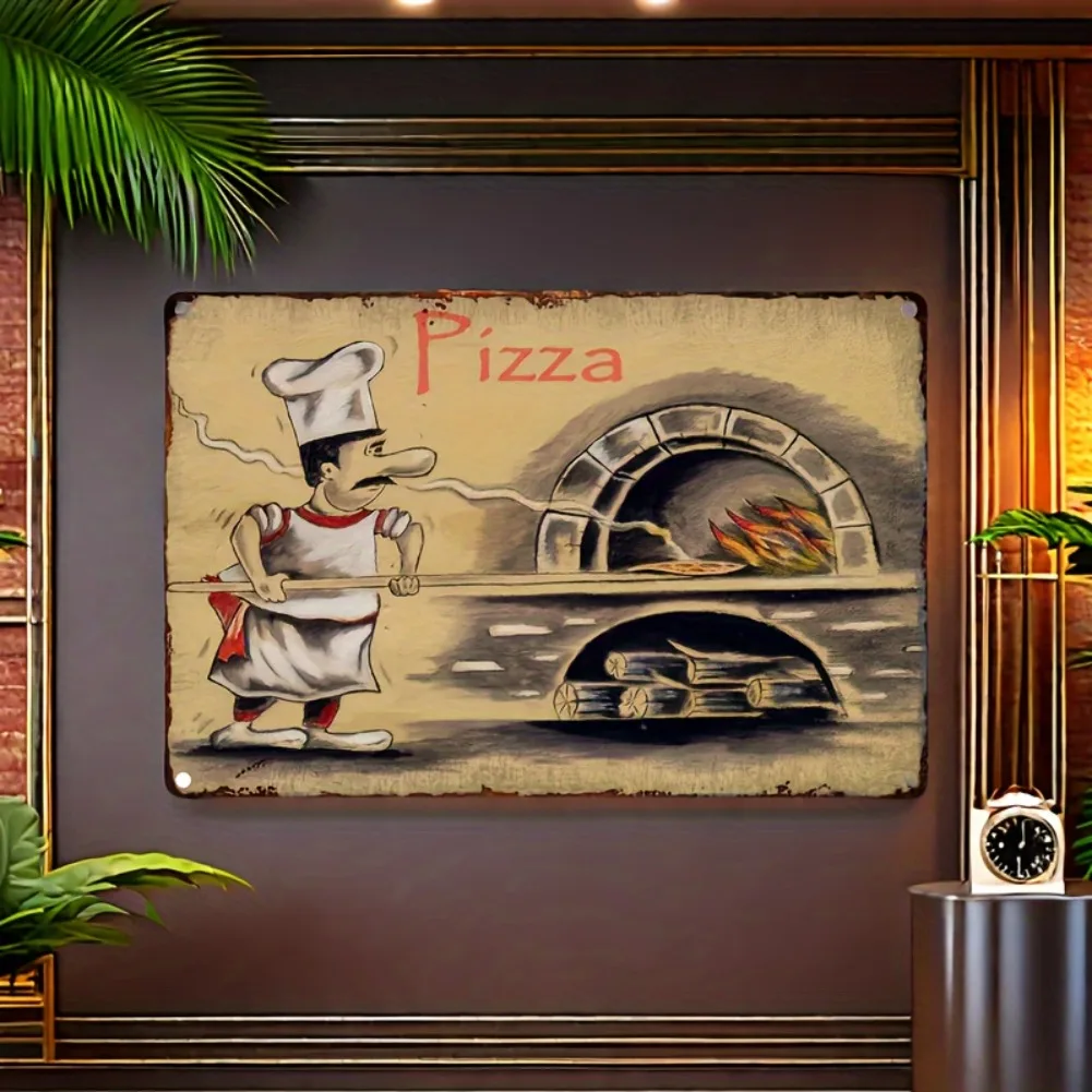 Arte de pared vintage para hacer pizza, letrero de hierro rústico, placa de metal de estilo italiano, texto en inglés, con soporte para colgar en la pared para dormitorio