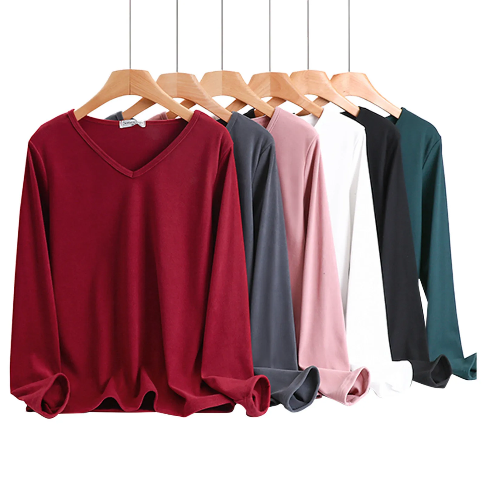 V-Neck Thermal Underwear Women Long Sleeve Fleece Lined Thermal Tops Solid Color Winter Bottom Shirt Basic T-Shirt